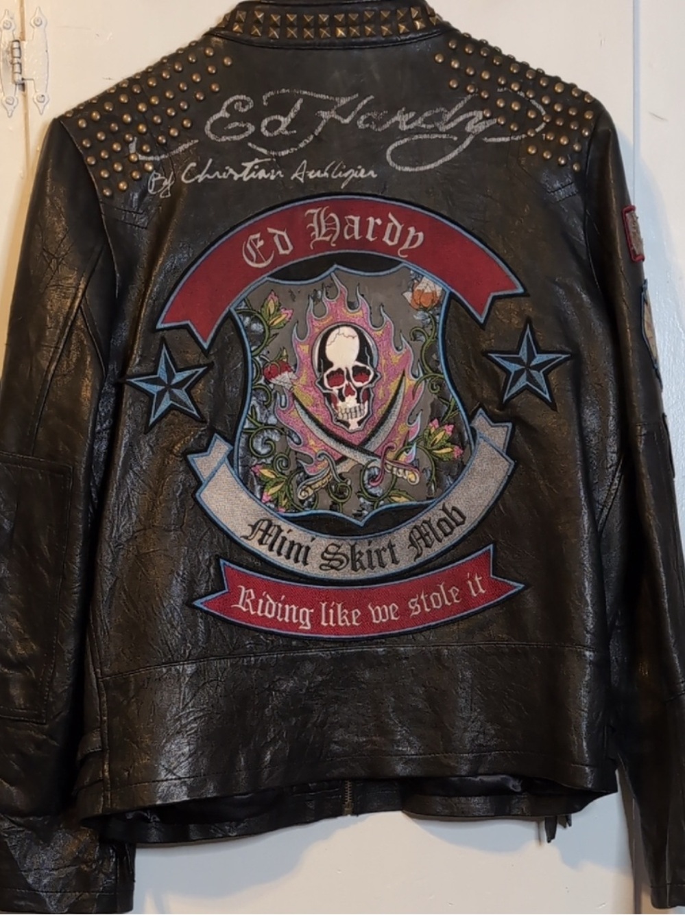 Vint. Ed Hardy by Christian Audigier Mini Skirt Mob Leather Jacket womens XXL